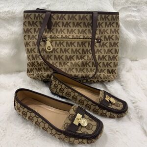 Michael Kors Brown Monogram Canva Tote and Loafers Set